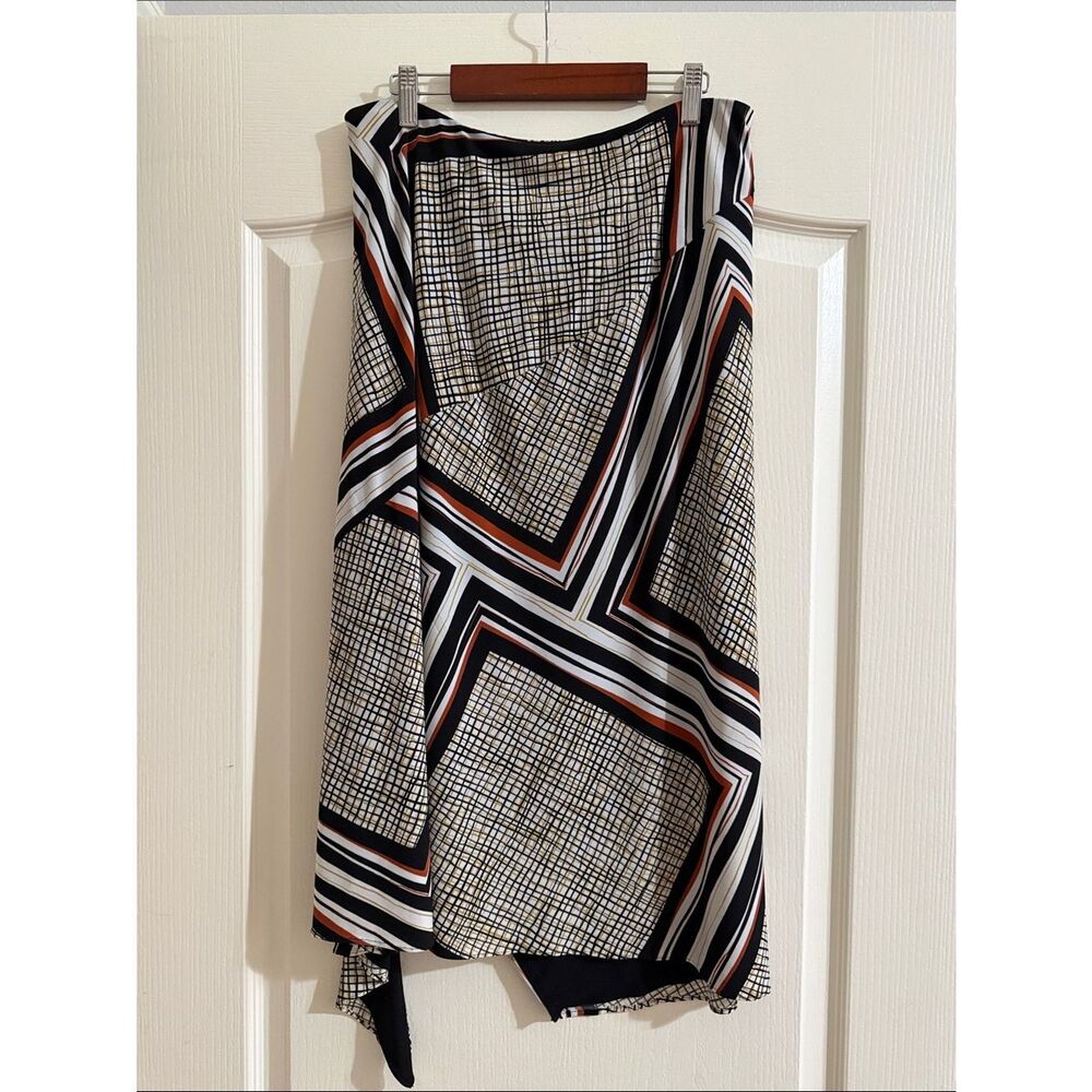Vintage Donna Karan Asymmetric Geometric Print Midi Skirt - Black, White & Rust - Picture 4 of 5